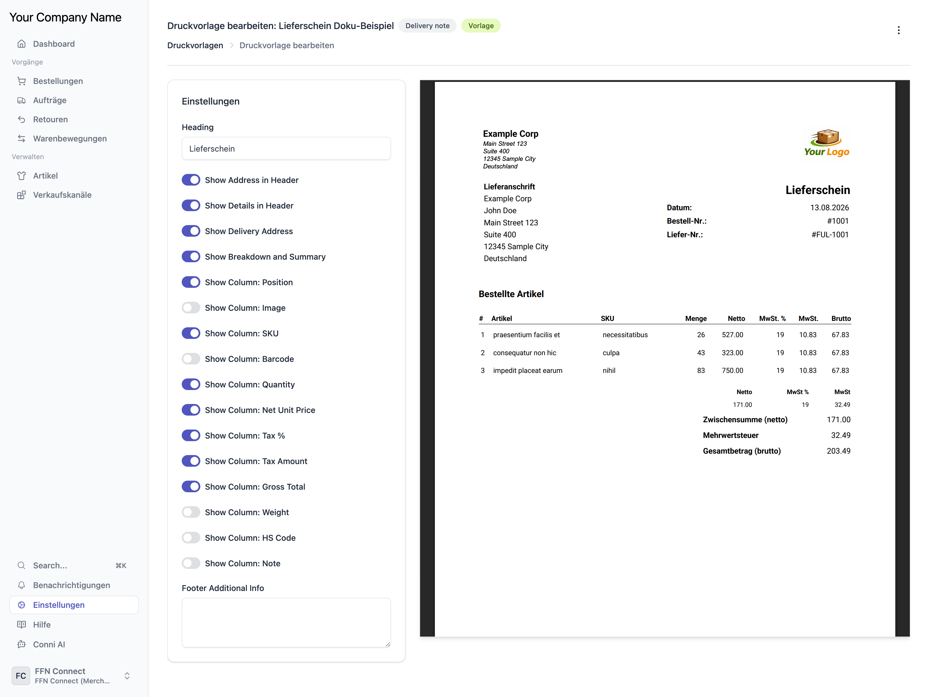 FFN Connect: Editor einer Lieferschein-Druckvorlage mit den Einstellungen links und der PDF-Live-Vorschau rechts