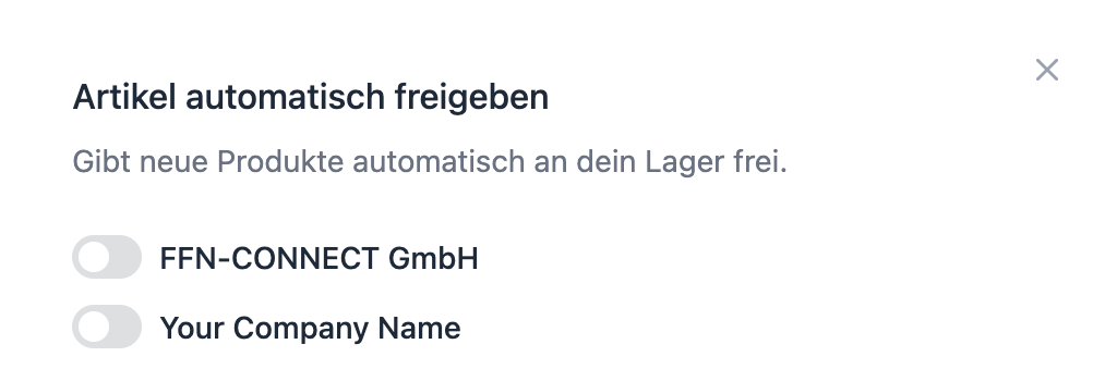 FFN Connect: Artikel-Einstellungen mit „Artikel automatisch freigeben" und einem Schalter je Dienstleister