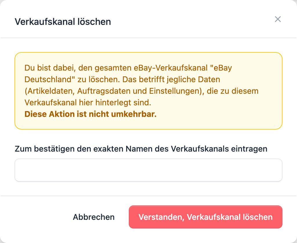 Der Bestätigungsdialog zum Löschen eines Verkaufskanals