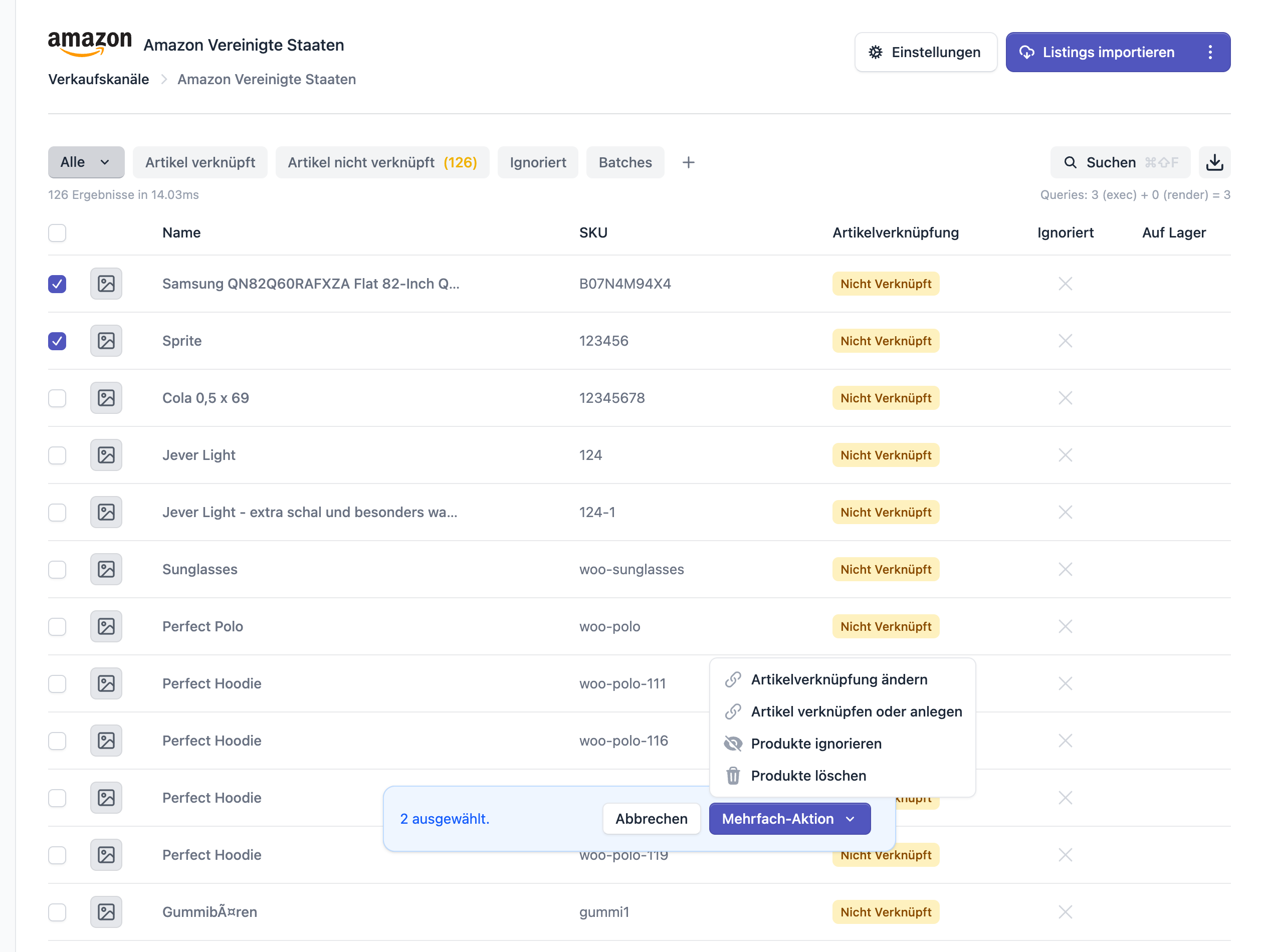 FFN Connect: Listing-Tabelle eines Verkaufskanals mit zwei ausgewählten Zeilen und dem geöffneten Menü „Mehrfach-Aktion" mit dem Eintrag „Produkte ignorieren"