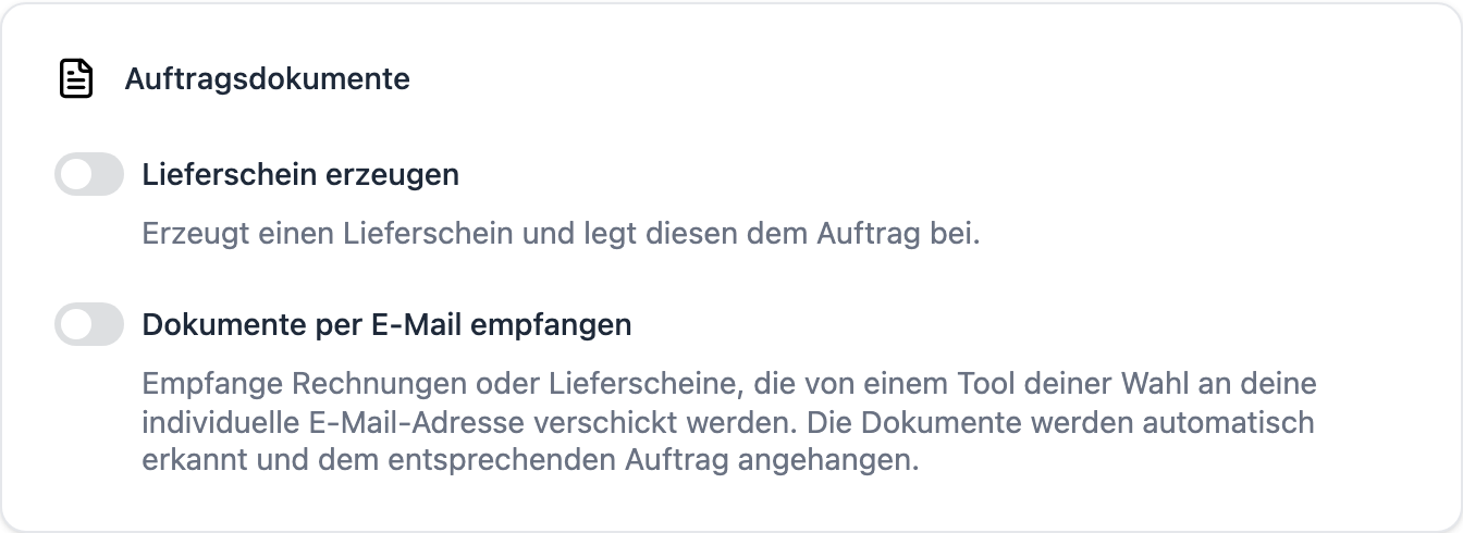 FFN Connect: Karte „Auftragsdokumente" mit den Schaltern „Lieferschein erzeugen" und „Dokumente per E-Mail empfangen", beide deaktiviert