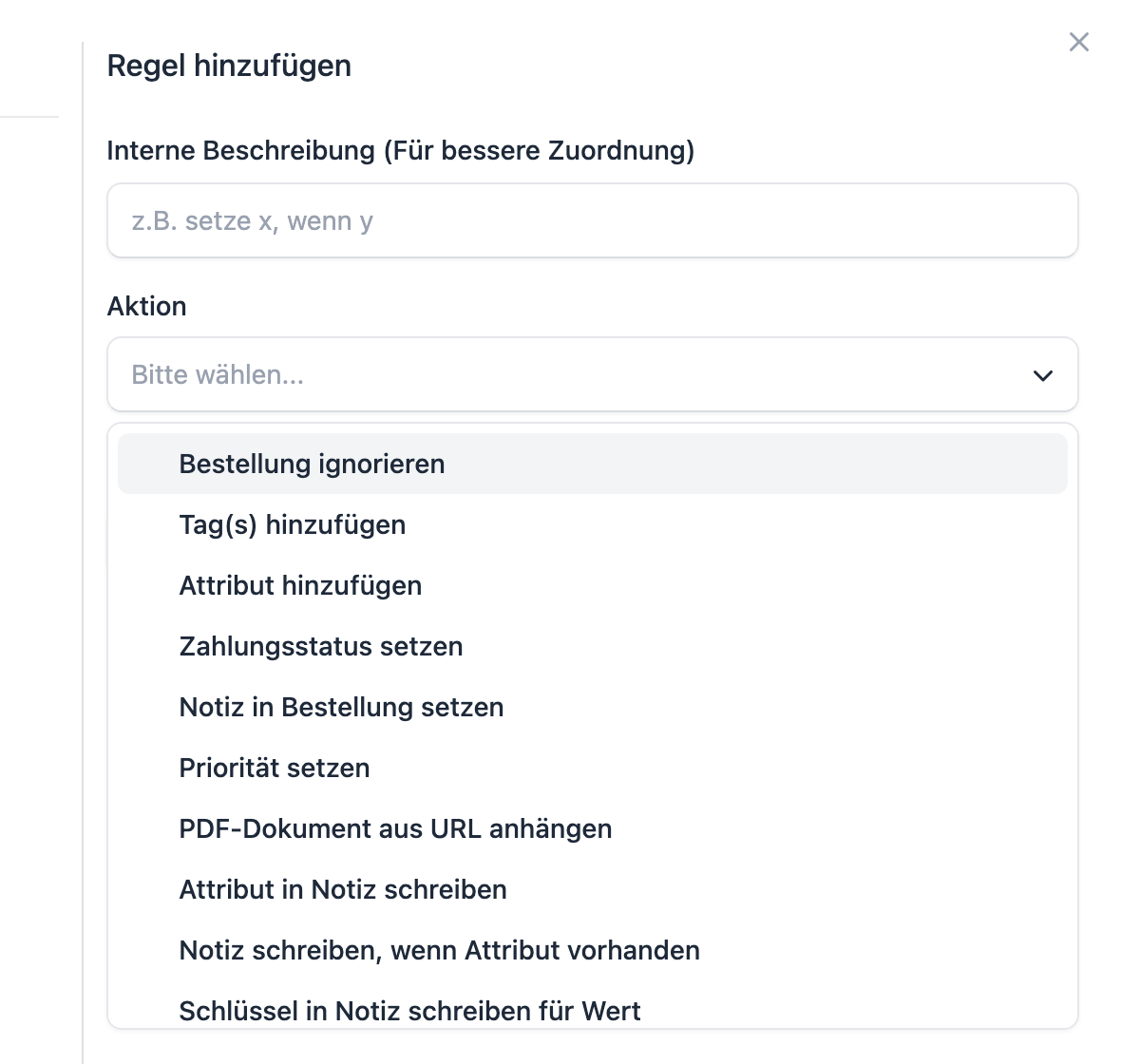Die Auswahlliste der Aktionen auf der Seite Bestellungen