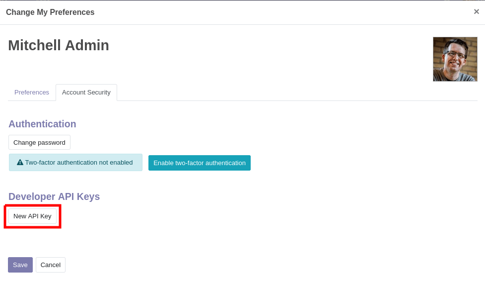 Reiter „Account Security" mit dem Button „New API Key"