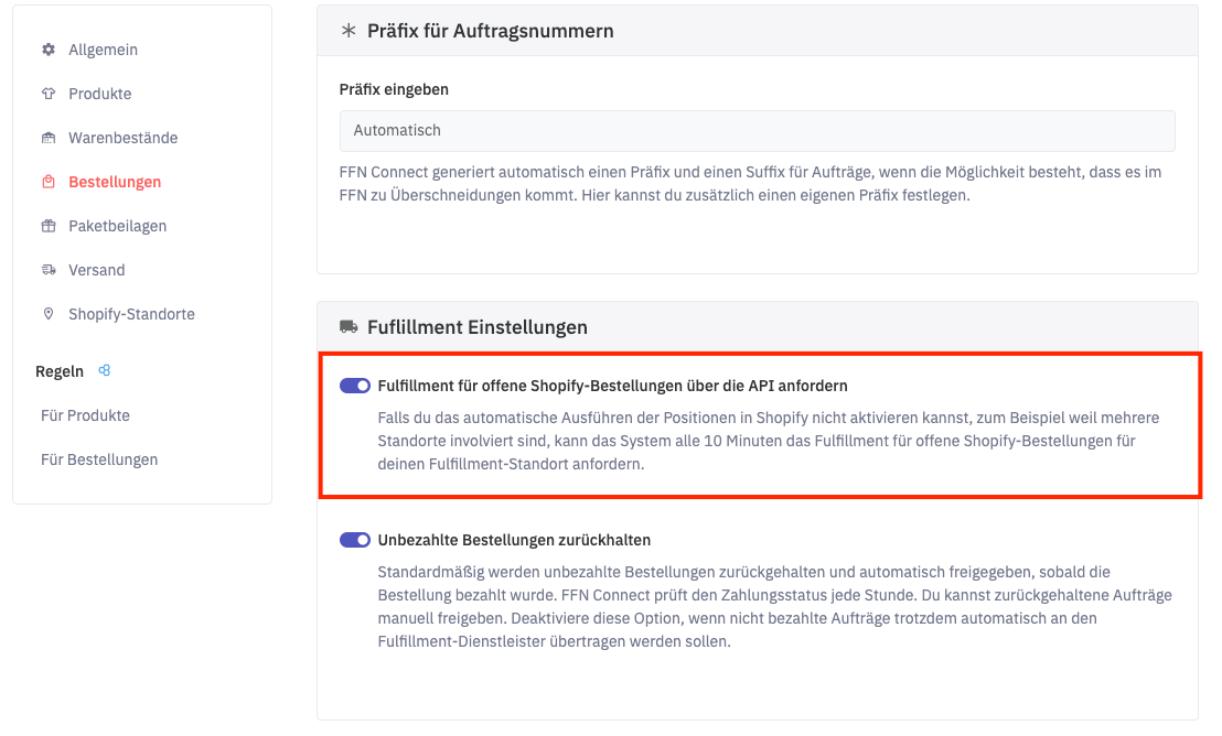 FFN Connect Bestellungs-Einstellungen für die Shopify-Anbindung