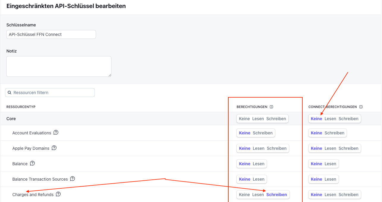 Stripe-Dashboard: Dialog „Eingeschränkten Schlüssel erstellen"
