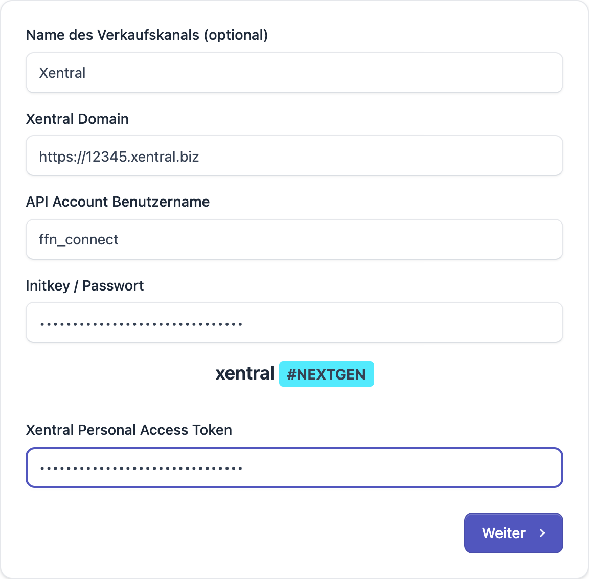 FFN Connect: Formular zum Anlegen des Xentral-Verkaufskanals mit den Feldern Name, Xentral Domain, API Account Benutzername, Initkey / Passwort und Personal Access Token