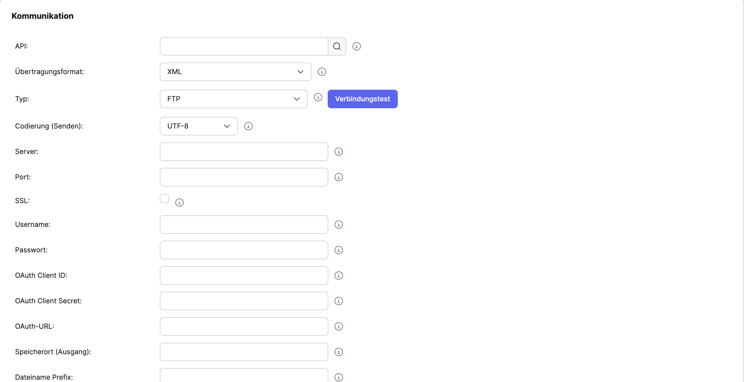 Xentral: Bereich „Kommunikation" einer Übertragung mit Übertragungsformat, Typ, Verbindungstest, Server, Port, SSL, Username und Passwort